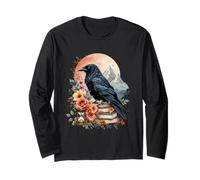 Boho Raven and Roses Gothic Fall Floral Crow Mountain Scene Long Sleeve T-Shirt