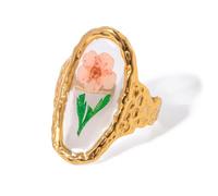 Boho Resin Flower Open Band Wrap Ring 18K Gold Plated Bohemian Transparent Colorful Sunflower Cherry Flowers Statement Comfort Fit Finger Rings for Women Fashion Summer Accessories Jewelry (Cherry)