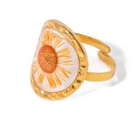 Boho Resin Flower Open Band Wrap Ring 18K Gold Plated Bohemian Transparent Colorful Sunflower Cherry Flowers Statement Comfort Fit Finger Rings for Women Fashion Summer Accessories Jewelry (Sunflower)
