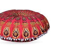 Boho Room Decor Aesthetic: Vintage Indie 32 Inches Indian Red Mandala Round Pillows Meditation Cushion Cover, Perfect for Cottagecore, Dorm Room & Funky Apartment Hippie Room Decor (Red 1)