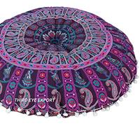 Boho Room Decor Aesthetic: Vintage Indie Purple 32 Inches Indian Mandala Round Pillows Meditation Cushion Cover, Perfect for Cottagecore, Dorm Room & Funky Apartment Hippie Room Decor (Purple 4)