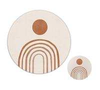 Boho Round Mouse Pad and Coaster Set,Abstract Boho Neutral Sun Rainbow Nature Landscape Coasters Cup Mats for Drinks,Non-Slip Rubber Mousepad for Working or Game,Camping Lovers Campers Gifts