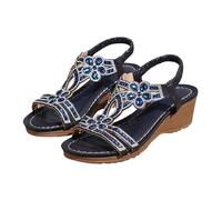 Boho Sandals for Women UK Wide Fit Elegant Casual Sparkly Flower Diamante Gem Stone Slip on Wedge Sandal Bohemian Beach Shoes, Dark Blue, 7