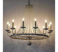 Boho Shabby Chic Wagon Wheel White Chandelier, French Country Beaded Chandelier, Crystal Hanging Beads and Spa