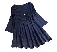 Boho Shirt for Older Women Boho Peasant Linen Floral Tops Embroidered Lace Loose Fit Blouses Ruffle Front Hippie Long Sleeve Clothing Retro 3/4 Sleeve Gauze Bohemian Style Navy