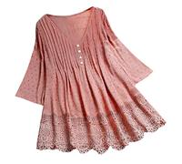 Boho Shirt for Older Women Boho Peasant Linen Floral Tops Embroidered Lace Loose Fit Blouses Ruffle Front Hippie Long Sleeve Clothing Retro 3/4 Sleeve Gauze Bohemian Style Pink