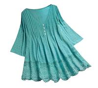 Boho Shirt for Older Women Boho Peasant Linen Floral Tops Embroidered Lace Loose Fit Blouses Ruffle Front Hippie Long Sleeve Clothing Retro 3/4 Sleeve Gauze Bohemian Style