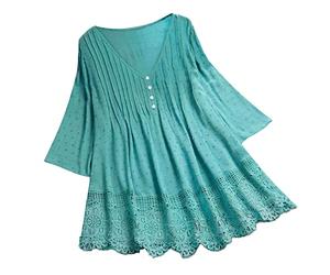 Boho Shirt for Older Women Boho Peasant Linen Floral Tops Embroidered Lace Loose Fit Blouses Ruffle Front Hippie Long Sleeve Clothing Retro 3/4 Sleeve Gauze Bohemian Style