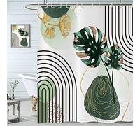 Boho Shower Curtain 180x180, Hnmdmyi Mid Century Abstract Green Tropical Leaves Bathroom Curtains Modern Geometric Minimalist Aesthetic Art Waterproof Polyester Fabric Washable Bath Curtain with Hooks