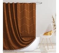 Boho Shower Curtain with Tassel - Woven Fabric Pumpkin Orange 72 x 72 - Modern Farmhouse Textured Tufted Chevron Striped Minimalist Bathroom Decor