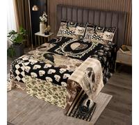 Boho Skeleton Bedspread Queen Size,Gothic Crow Moth Pattern Bedding Set,Black Brown Grid Patchwork Comforter Set for Kids Teens Girls Boys Room Decor,Vintage Hippie Style Quilt Coverlet 3Pcs