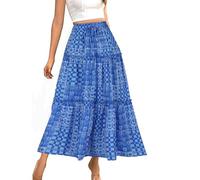 Boho Skirts for Women UK Plus Size Summer High Elastic Waist Drawstring Lace Up Pleated Long Skirt Oversized Vintage Print Tiered Layered A Line Flowy Swing Skirt Holiday Beach Dresses Daily Wear