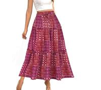 Boho Skirts for Women UK Plus Size Summer High Elastic Waist Drawstring Lace Up Pleated Long Skirt Oversized Vintage Print Tiered Layered A Line Flowy Swing Skirt Holiday Beach Dresses Daily Wear