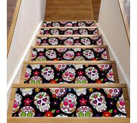 Boho Skull Head Rose Flowers 15 Pack 8" X 30" Carpet Stair Treads, Stair Treads for Wooden Steps Indoor, Non Slip Staircase Runner Rugs, TPE Backing Step Mats