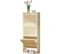 Boho Slim Shoe Storage Cabinet, Freestanding Rattan Shoe Organizer For Entryway, Bedroom & Living Room, Narrow Wooden Cupboard, Stylish Hallway Solution Three Doors 50cm
