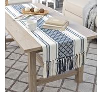 Boho Small Coffee or Dining Table Runner with Tassels 14 x 48 Inches Blue & Cream White Cotton Woven Washable Dresser Scarf for Furniture Farmhouse Table Top Centerpiece Decor