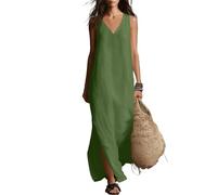 Boho Solid Cotton Linen Maxi Dress for Women UK, Deep V Neck Sleeveless Side Split Oversized Loose Sundress, Comfortable Casual Beach Cover Up Holiday Everyday Plus Size Summer Dress Green