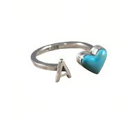 Boho Soul Turquoise Heart Initial Ring, Handmade Vintage Turquoise Stackable Ring, Personalized Adjustable Initial A-Z Heart Rings, Boho Ring Jewelry Gift for Women