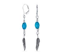 Boho South West Native American Indian Style Stabilized Blue Turquoise Oval Gemstone Feather Leaf Lever back Dangle Earrings Western Jewelry For Women Teens Oxidized .925 Sterling Silver