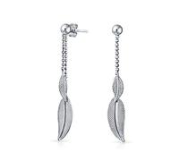 Boho South Western Native American Indian Style Long Linear Chain Feather Leaf Dangling Earrings Western Jewelry For Women Teens .925 Sterling Silver