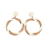 Boho Statement Raffia Circle Earrings, Khaki Handmade Braided Straw Round Rattan Earrings Summer Tropical Beach Jewelry for Women and Girls