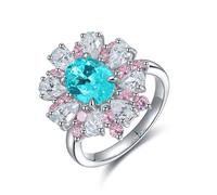 Boho Sterling Silver Rings, Silver Rings for Women Wedding Flower with 3.18Ct Created paraiba Tourmaline with Pink Zircon Size J 1/2