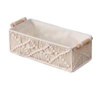 Boho Storage Basket, Boho Basket 12x5.5x3.5 Inch White Cotton Rope Woven Storage with Wooden Handle for Sundries, Remote, Dolls, Decor