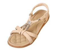 Boho Style Beach Sandals with Beads Elastic Band Comfortable Flat Summer Mules for Women Ideal for Travel on the Beach Relaxed Combinable with Casual Wear, beige, 5 UK