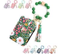 Boho Style Beaded Tassel Keychain Wallet, Women Boho Style Beaded & Tassel Decorated Keychain, with Floral and Fruit Patterns (Green)