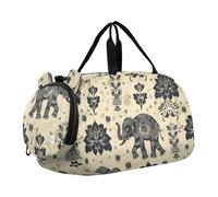 Boho Style Elephant Black Duffel Bag with Shoes Compartment Lightweight Kids Overnighter Duffel Bags for School Practice, Sports, Travel
