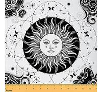 Boho Style Fabric by The Yard,Bohemian Sun Moon Black White Indoor Outdoor Fabric for Chair Sofa,Exotic Geometry Circle Waterproof Outdoor Fabric,Retro Style Farm Decor Sewing Supplies,1 Yard