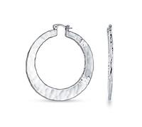 Boho Style Fashion Textured Hammered Flat Large Hoop Earrings For Women For Teen Silver Plated Brass 2 Inch