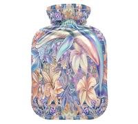 Boho Style Flower Floral Dolphin Cute hot Water Bottle with Soft Cover, 1L hot compresses for The Body for Period Cramps, Period Cramps