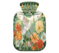 Boho Style Flower Floral Green Crane hot Bottle Water Bag with Soft Cover, 2L hot compresses for The Body for Sore Muscle, Sore Muscle