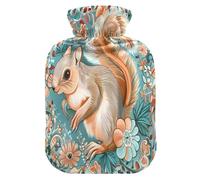 Boho Style Flower Floral Squirrel Cute hot Water Bottle with Soft Cover, 1L Water Bottle Bag for Tummy Warmer, Tummy Warmer
