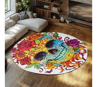 Boho Style Round Rugs Vibrant Floral Skull Print Washable Cozy Low Pile Circle Carpet for Living Room Bedroom Halloween Decor 180cm