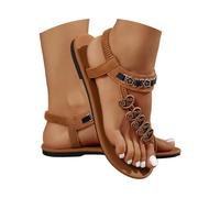 Boho Style Round Toe Heart Strappy Flat Sandals - Casual Summer Beach Shoes, brown, 8.5 UK