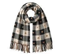 Boho Style Tassel Shawl - Plaid & Heart Pattern, Soft Thick, Elegant Winter Accessory, Women's Long Large Oversized Shawl Scarf, Leopard Print Checkered Wrap Scarves (Black with Brown Heart Motif)