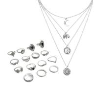 Boho Style Vintage Punk Gothic Jewellery Necklace Rings Party Jewelry Sets Multi-layer Long 3D Elephant Moon Pendant Long Necklace and 15 Pcs Women Joint Knuckle Retro Ring Set for Women and Girls