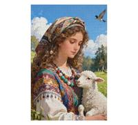 Boho-Style Woman Jigsaw Puzzles 1000 Pieces for Adults, Beautiful Girl Adorable Lamb 30''x20''Inch Beautiful Portrait of The Virgin Mary Puzzle Religious Art