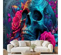 Boho Sugar Skull Floral Self Adhesive Wallpaper Gothic Skull Rose Leaves Wall Stickers 350x256 cm Day of The Dead Photo Wallpaper Non-Woven Murals for Bedroom Living Room Wall Decals gu16l