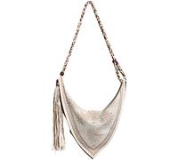 Boho Summer Bag for Women, Beige Polyester Bohemian Shoulder Tote Handbag with Tassel Fringes, Triangle Shape Design, Woven Rope Strap for Beach Travel, Vacation, Shopping, Stylish Daily Use