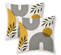 Boho Summer Pillow Covers 16x16 Inch 2 Pcs, Mustard Yellow Tropical Leaf Outdoor Decorative Throw Pillows, Mid Century Abstract Art Farmhouse Decor Pillowcase Linen Cushion Cover for Couch Sofa