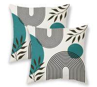 Boho Summer Pillow Covers 18x18 Inch 2 Pcs, Aqua Teal and Tropical Leaf Outdoor Decorative Throw Pillows, Mid Century Abstract Art Farmhouse Decor Pillowcase Linen Cushion Cover for Couch Sofa