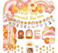 Boho Sun 1st Birthday Decorations, Include First Trip Around The Sun Banner, Bohemian Monthly Photo Banner, ONE Honeycomb Centerpiece, Cake Toppers, Balloons for Kids First Birthday Party Supplies