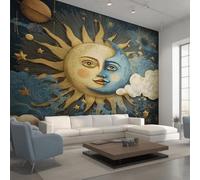 Boho Sun and Moon Wallpaper Black Gold, Mystic Celestial Wall Paper for Bedrooms, Home Decor Photo Wallpaper for Living Room 250x175 Non-Woven Wall Mural W&63