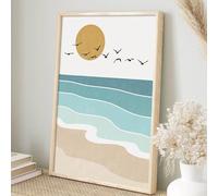 Boho Sun Canvas Wall Art Abstract Blue Sea Sunset And Sunrise Picture Abstract Beach Wall Art Prints Beach Waves And Bird Wall Art Abstract Ocean Waves Poster Boho Minimalist Line Art 16x24in No Frame