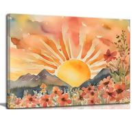 Boho Sun Canvas Wall art Mid-Century Modern Abstract Bohemian Sunset in The Mountains Watercolor Wildflowers Sunrise Landscape Picture Wall Decor Poster Print Artwork for Living Room Bedroom