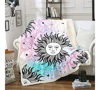 Boho Sun Fleece Throw Blanket for Sofa Couch Bed Chic Exotic Colorful Warm Plush Blanket Decorative Black White Bohemian Style Sherpa Blanket Galaxy Astrology Fuzzy Blanket Double 60"x79"