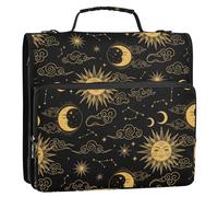 Boho Sun Moon Black Print 3 Ring Zipper Binder with Shoulder Strap Handle 1.5 inch Ring Binders Keeper 500 Sheets Capacity Expanding File Folder for School Office Supplies